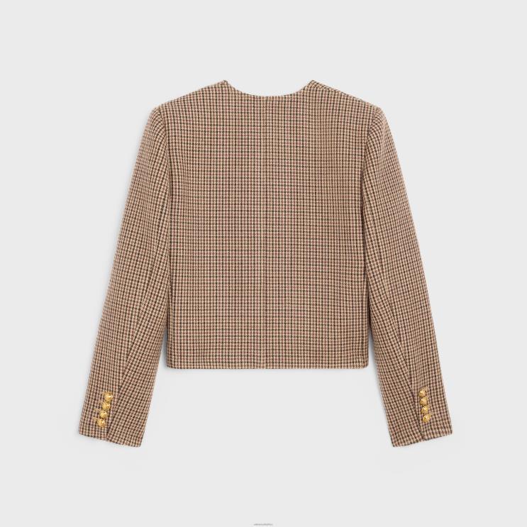 CELINE Bordeaux/Beige/Black Chelsea Jacket in Double Houndstooth Wool R0ZNN692