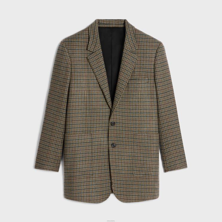CELINE Camel/Gris/Foret Tommy Jacket in Checked Cashmere R0ZNN627