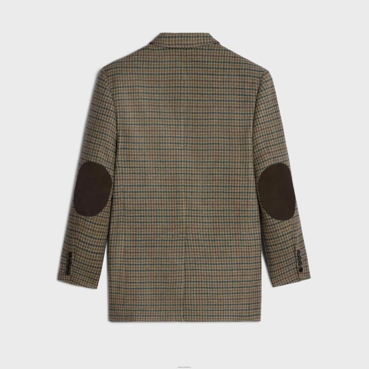CELINE Camel/Gris/Foret Tommy Jacket in Checked Cashmere R0ZNN627