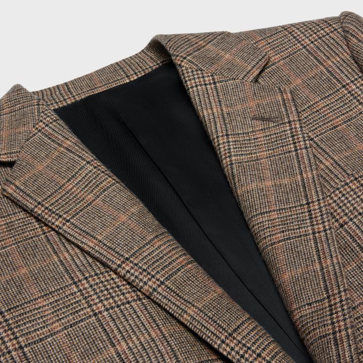 CELINE Camel/Noisette/Noir Long Jacket in Prince of Wales Cashmere R0ZNN708