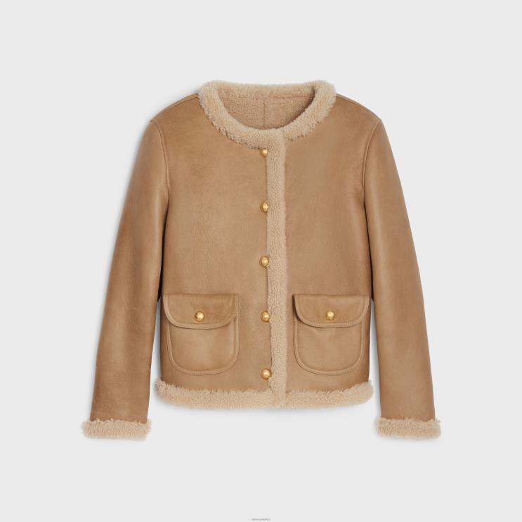 CELINE Cognac/Cream Cardigan Jacket in Curly Shearling Lambskin R0ZNN704