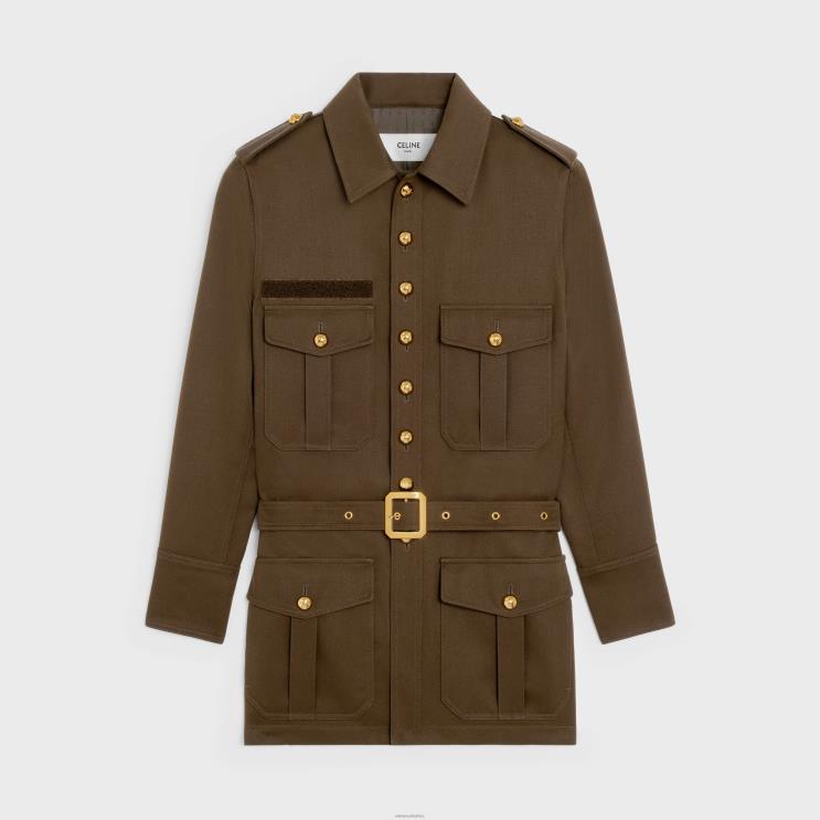 CELINE Military Brown Saharienne Jacket in Diagonal Wool R0ZNN698
