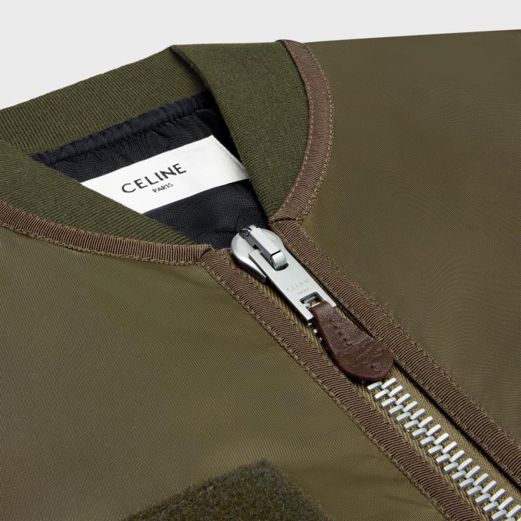 CELINE Military Green Cropped Bomber Jacket in Nylon Twill R0ZNN593