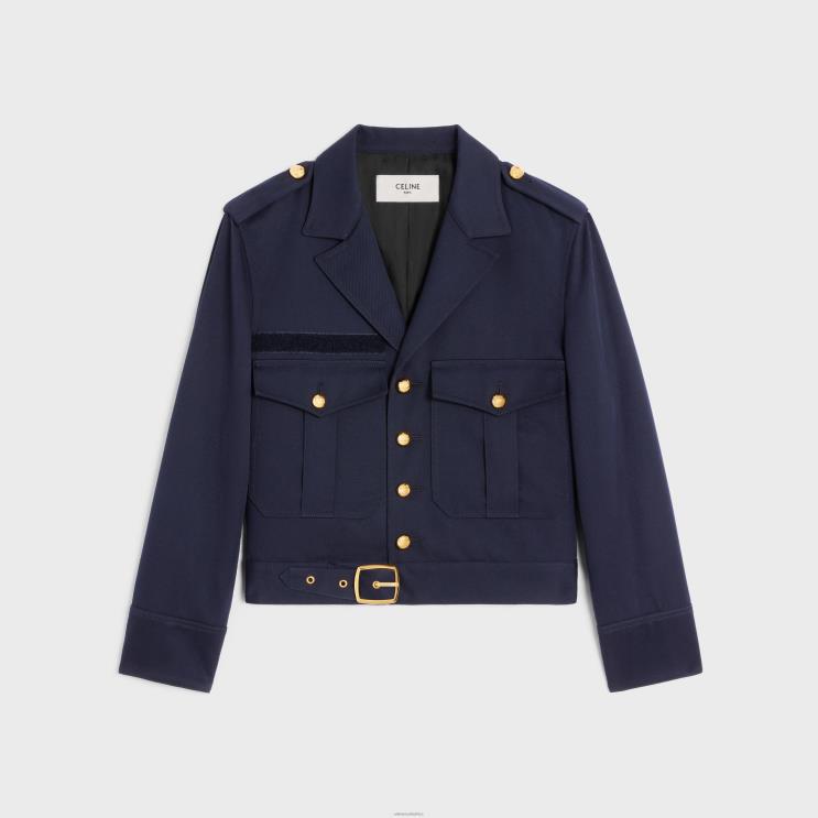 CELINE Navy Cropped Saharienne Jacket in Diagonal Wool R0ZNN701
