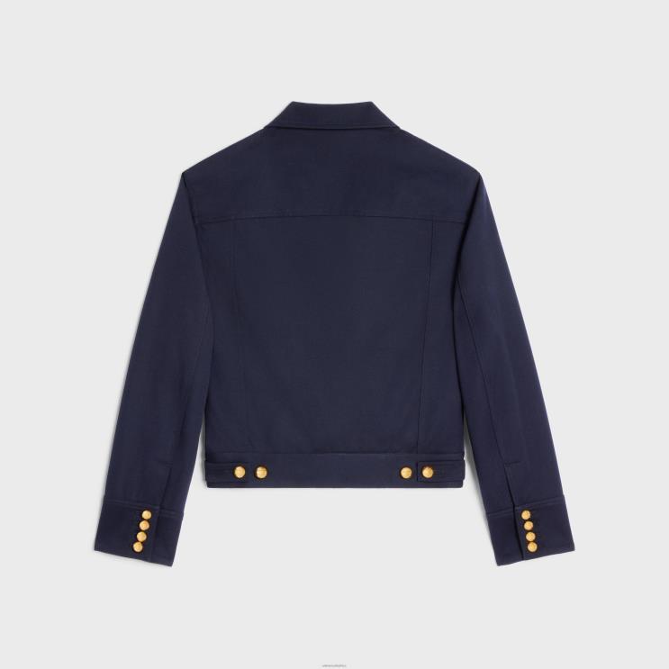 CELINE Navy Cropped Saharienne Jacket in Diagonal Wool R0ZNN701