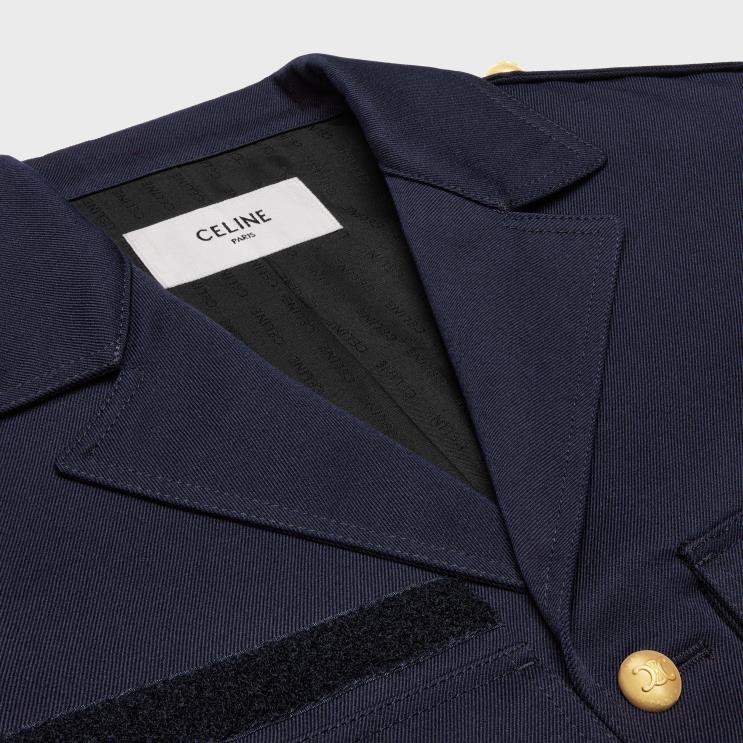 CELINE Navy Cropped Saharienne Jacket in Diagonal Wool R0ZNN701