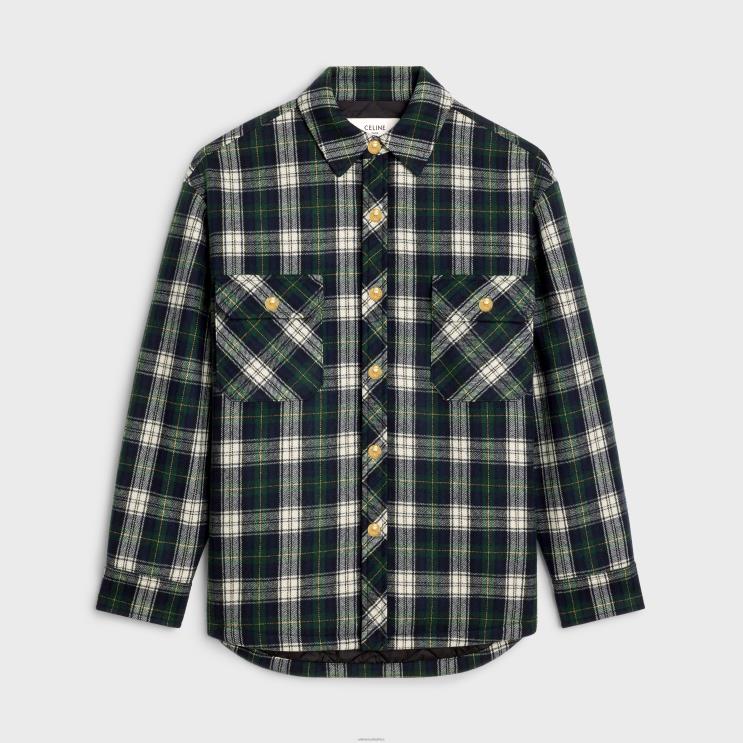 CELINE Navy/Vert/Ecru Overshirt in Tartan Cashmere R0ZNN732