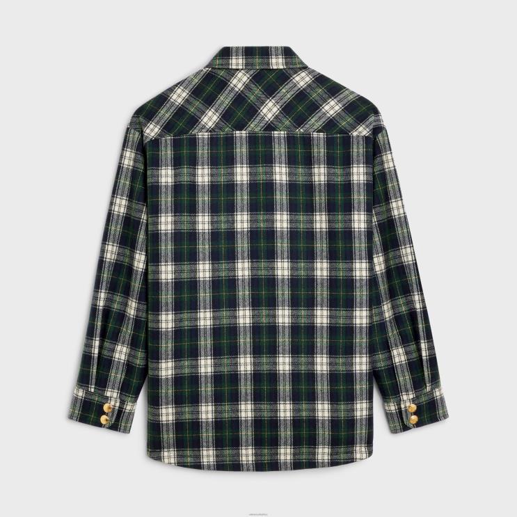 CELINE Navy/Vert/Ecru Overshirt in Tartan Cashmere R0ZNN732