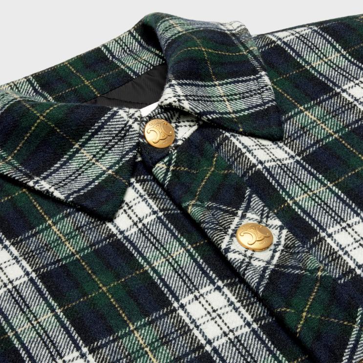 CELINE Navy/Vert/Ecru Overshirt in Tartan Cashmere R0ZNN732