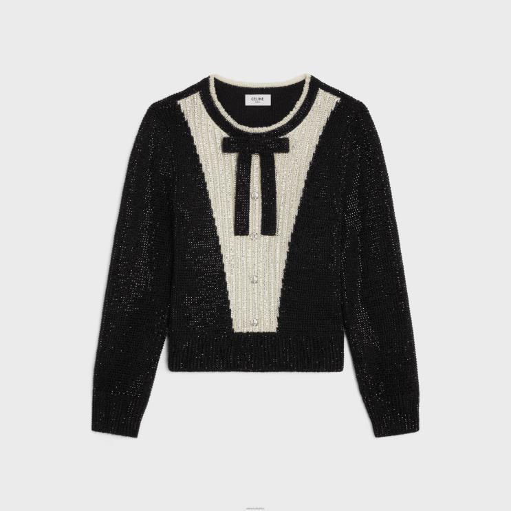 CELINE Black/Ecru Crew Neck Embroidered Sweater With Bow in Alpaca R0ZNN603
