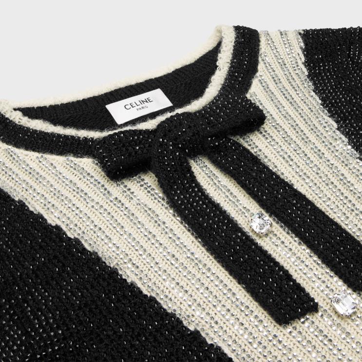 CELINE Black/Ecru Crew Neck Embroidered Sweater With Bow in Alpaca R0ZNN603