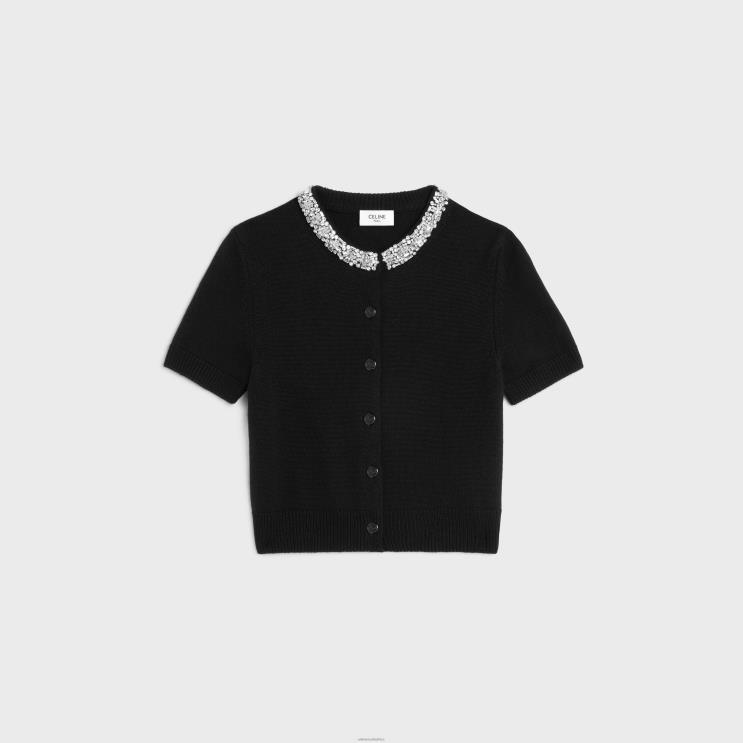 CELINE Black Embroidered Cropped Cardigan in Cashmere R0ZNN768