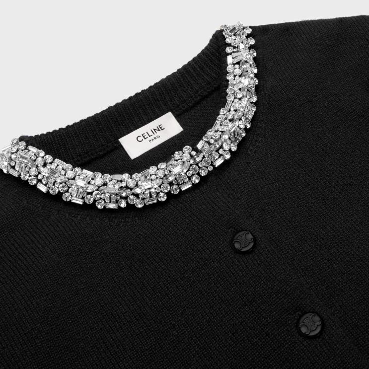 CELINE Black Embroidered Cropped Cardigan in Cashmere R0ZNN768