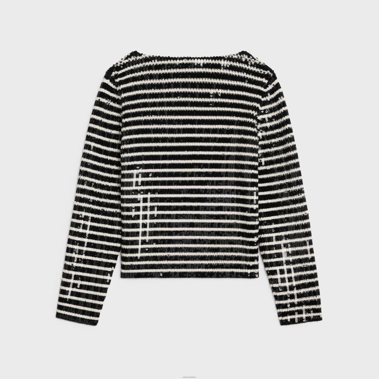 CELINE Black/Off White Embroidered Boat Neck Mariniere Sweater in Wool R0ZNN613