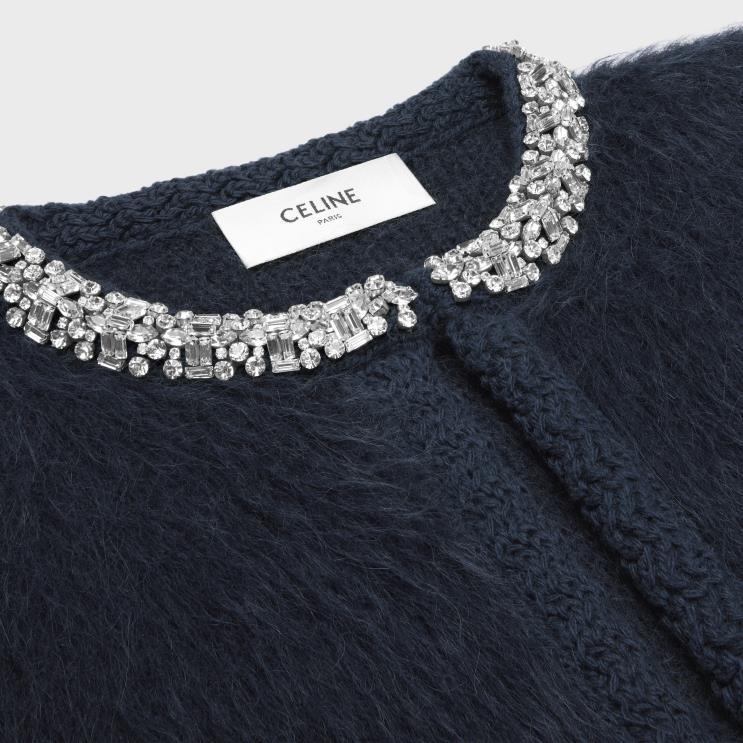 CELINE Blue Embroidered Cardigan in Brushed Mohair R0ZNN617
