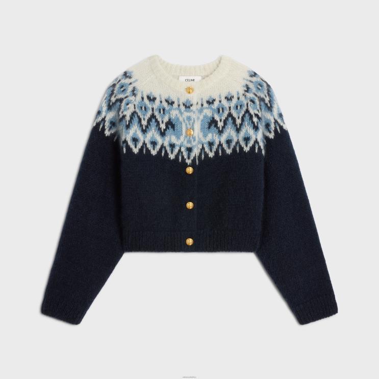 CELINE Blue/Off White Fair Isle Cardigan in Mohair & Silk R0ZNN562