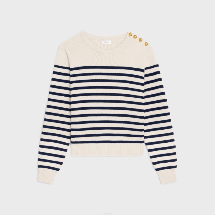 CELINE Cream/Navy Crew Neck Mariniere Sweater in Cashmere R0ZNN750