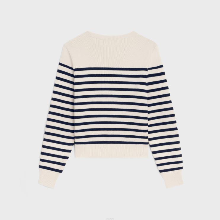 CELINE Cream/Navy Crew Neck Mariniere Sweater in Cashmere R0ZNN750