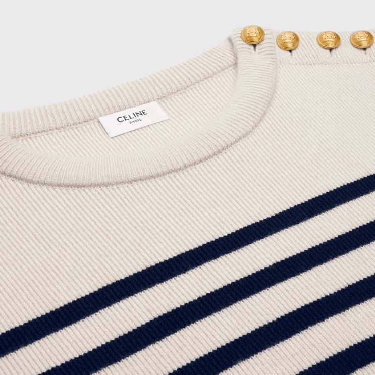 CELINE Cream/Navy Crew Neck Mariniere Sweater in Cashmere R0ZNN750