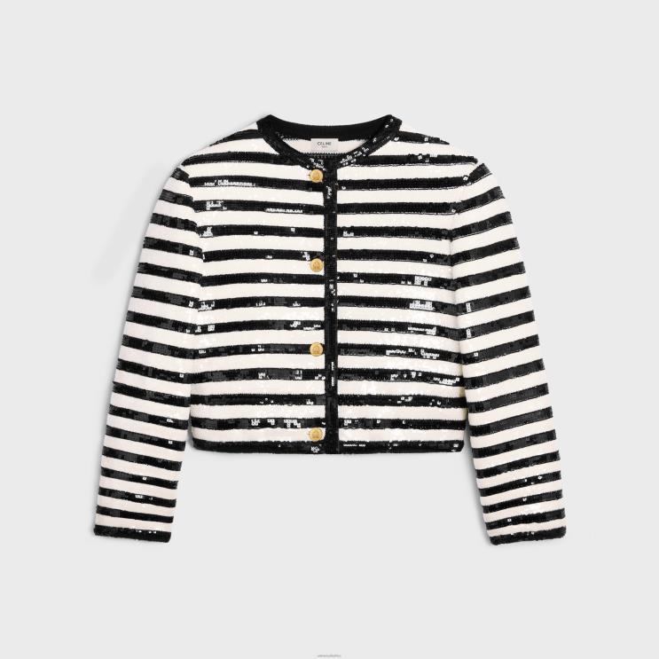 CELINE Ecru/Black Embroidered Mariniere Cardigan in Wool R0ZNN569