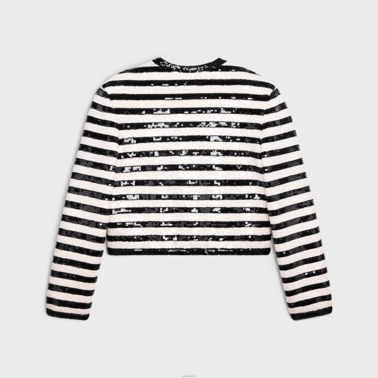 CELINE Ecru/Black Embroidered Mariniere Cardigan in Wool R0ZNN569