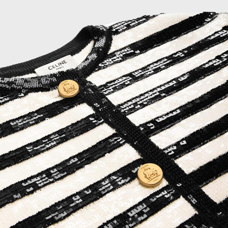 CELINE Ecru/Black Embroidered Mariniere Cardigan in Wool R0ZNN569