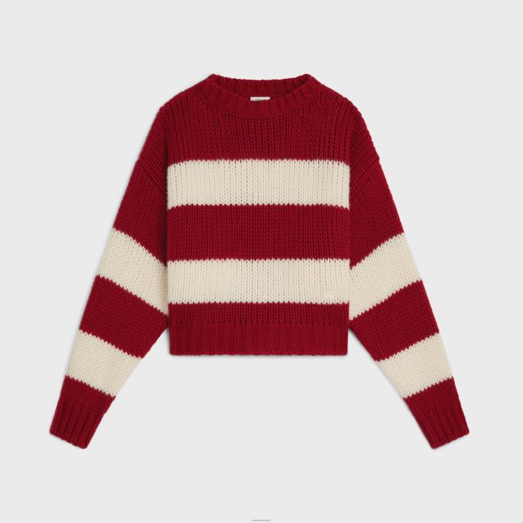 CELINE Ecru/Red Crew Neck Sweater in Wool, Cashmere & Silk R0ZNN748