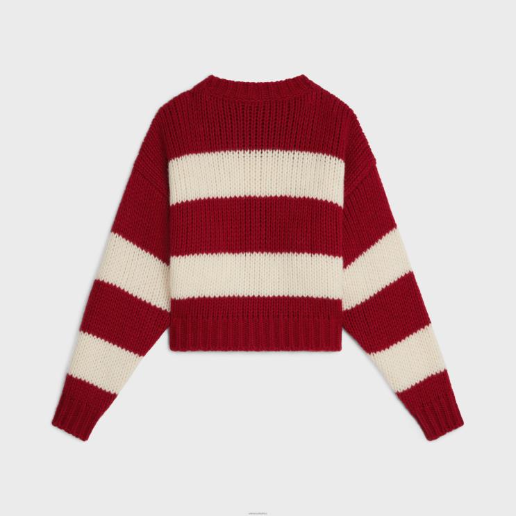 CELINE Ecru/Red Crew Neck Sweater in Wool, Cashmere & Silk R0ZNN748