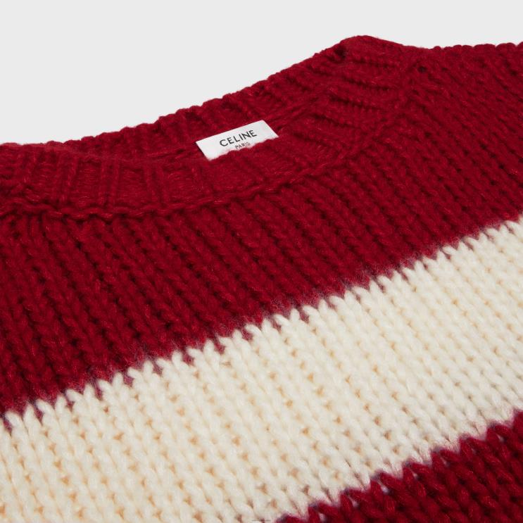 CELINE Ecru/Red Crew Neck Sweater in Wool, Cashmere & Silk R0ZNN748