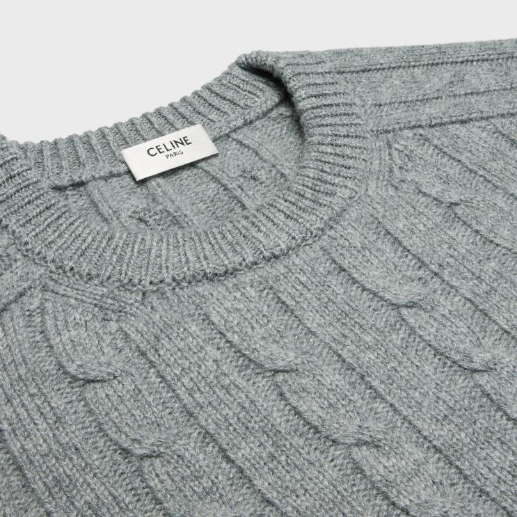 CELINE Grey Cable-Knit Triomphe Sweater in Cashmere R0ZNN608