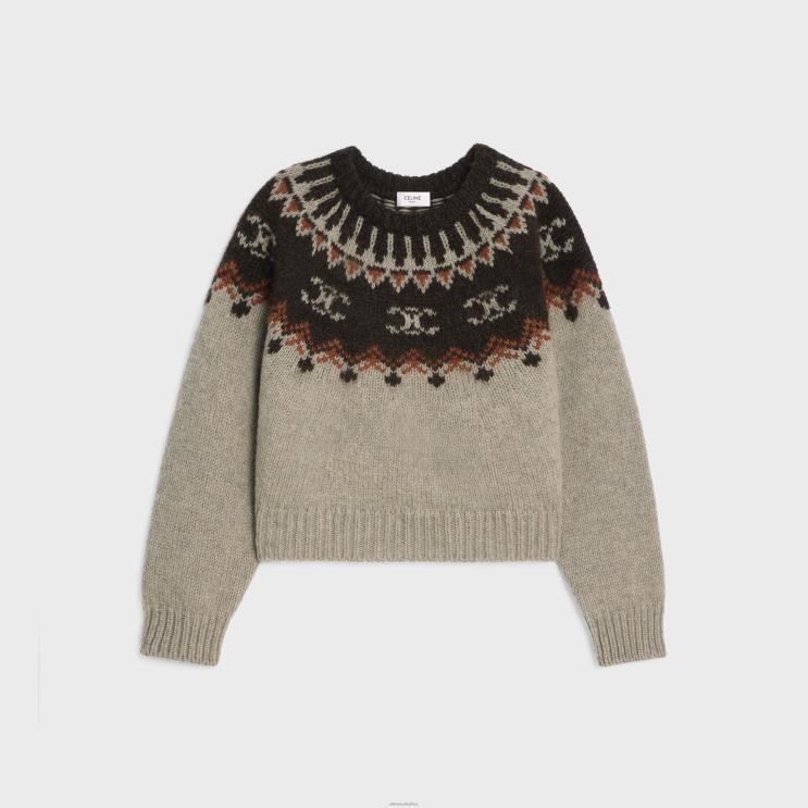 CELINE Medium Grey Crew Neck Sweater in Triomphe Fair Isle Wool R0ZNN604