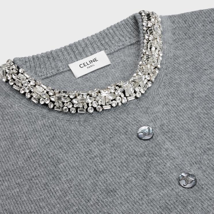 CELINE Medium Grey Embroidered Cropped Cardigan in Cashmere R0ZNN769