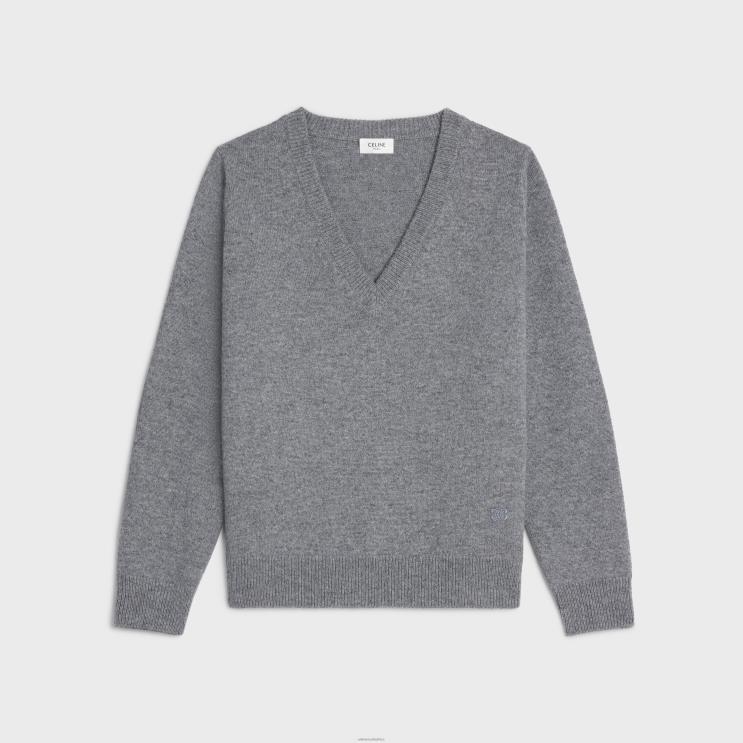 CELINE Medium Grey Triomphe V-Neck Sweater in Heritage Cashmere R0ZNN758