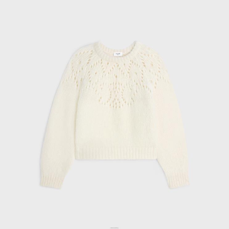 CELINE Off White Crew Neck Sweater in Triomphe Fair Isle Alpaca Wool Pointelle R0ZNN607
