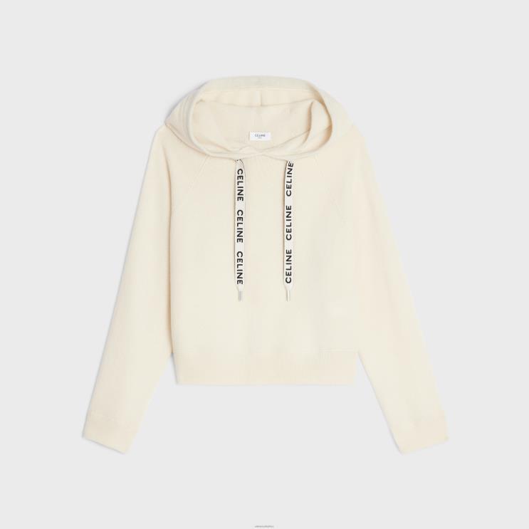 CELINE Off White Cropped Hooded Sweater in Wool & Cashmere R0ZNN610