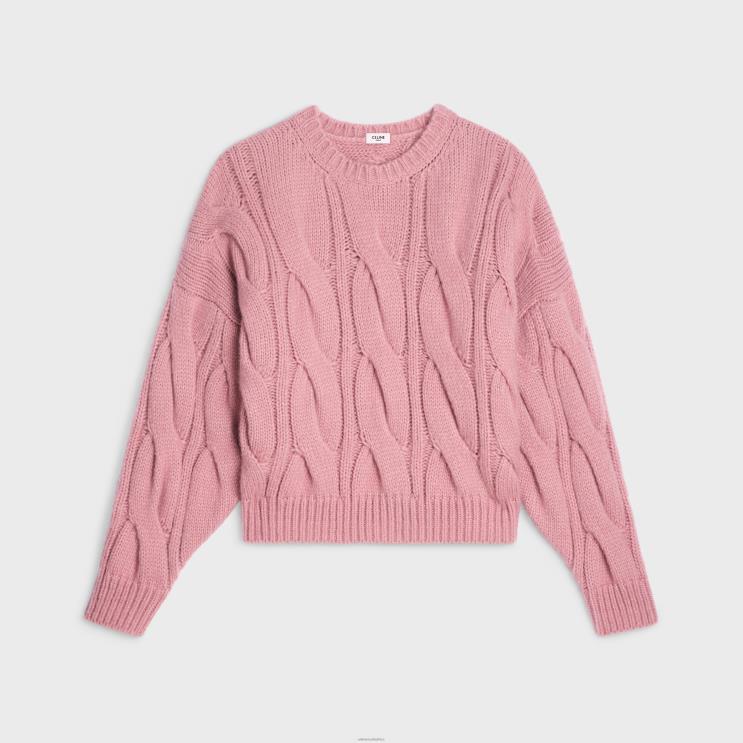 CELINE Pink Crew Neck Sweater in Cable-Knit Cashmere & Silk R0ZNN759