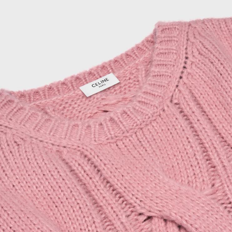 CELINE Pink Crew Neck Sweater in Cable-Knit Cashmere & Silk R0ZNN759