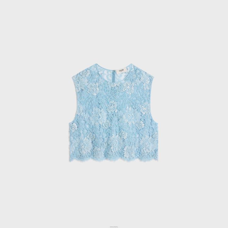 CELINE Baby Blue Embroidered Crop Top in Lace R0ZNN581