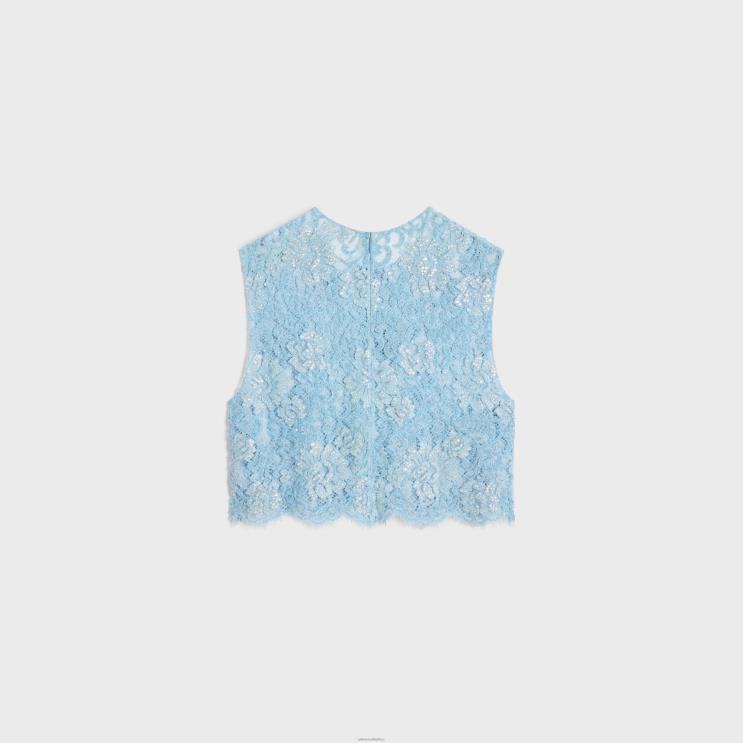 CELINE Baby Blue Embroidered Crop Top in Lace R0ZNN581
