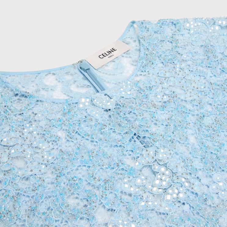CELINE Baby Blue Embroidered Crop Top in Lace R0ZNN581