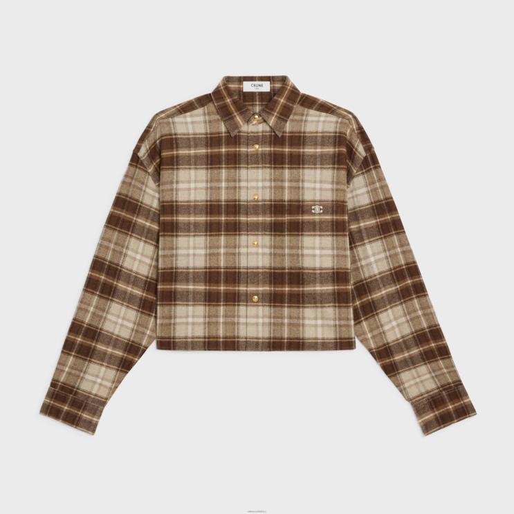 CELINE Beige/Camel/Brun Cropped Shirt in Checked Cashmere R0ZNN833