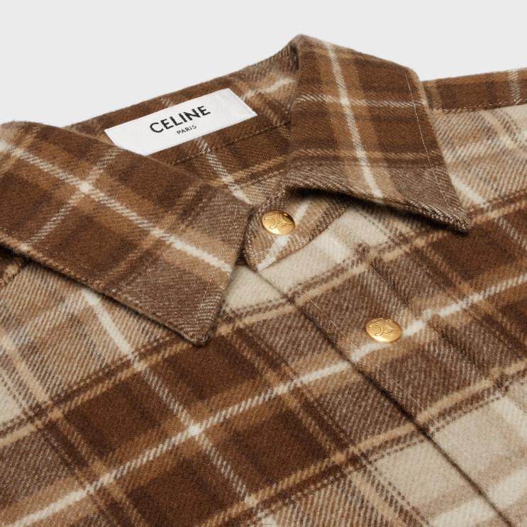CELINE Beige/Camel/Brun Cropped Shirt in Checked Cashmere R0ZNN833