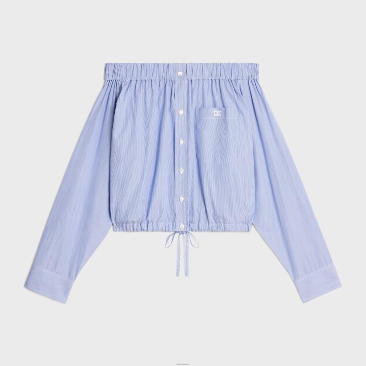 CELINE Blanc/Marine Off-The-Shoulder Shirt in Cotton Poplin R0ZNN845