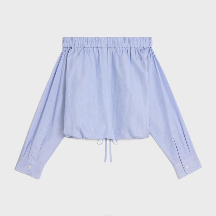 CELINE Blanc/Marine Off-The-Shoulder Shirt in Cotton Poplin R0ZNN845