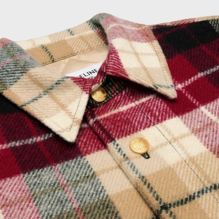 CELINE Camel/Noir/Bordeaux Overshirt in Checked Wool R0ZNN731