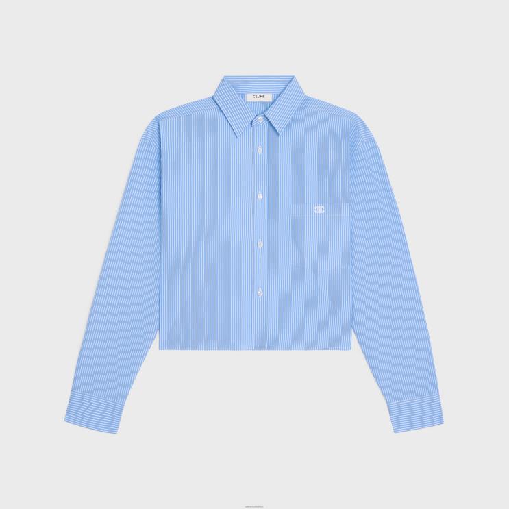 CELINE Ciel/Blanc Cropped Shirt in Striped Cotton Poplin R0ZNN835