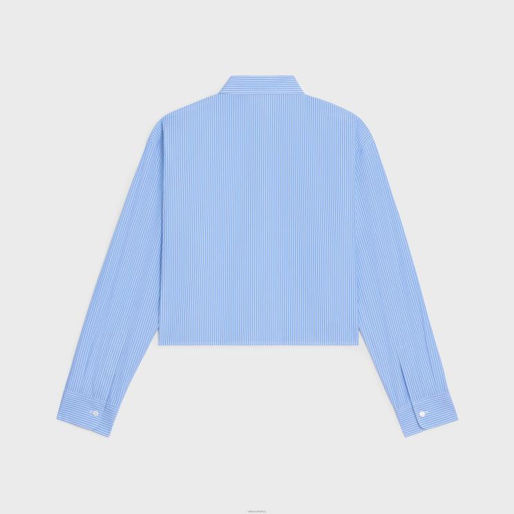CELINE Ciel/Blanc Cropped Shirt in Striped Cotton Poplin R0ZNN835