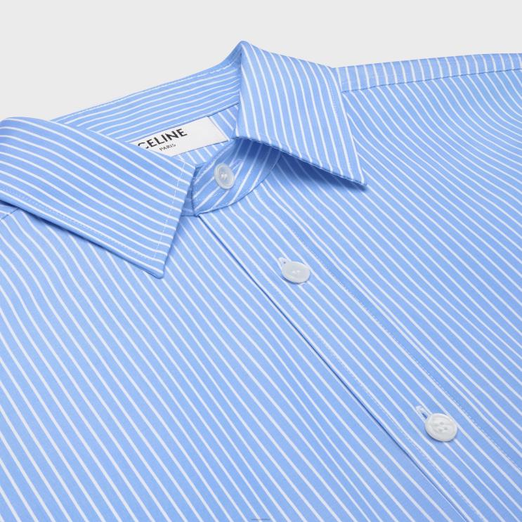 CELINE Ciel/Blanc Cropped Shirt in Striped Cotton Poplin R0ZNN835