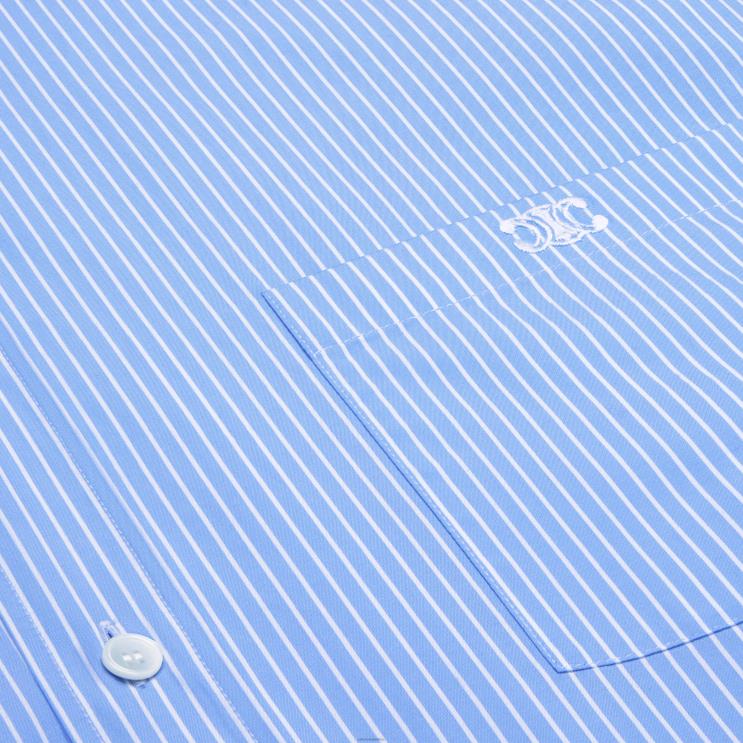 CELINE Ciel/Blanc Cropped Shirt in Striped Cotton Poplin R0ZNN835