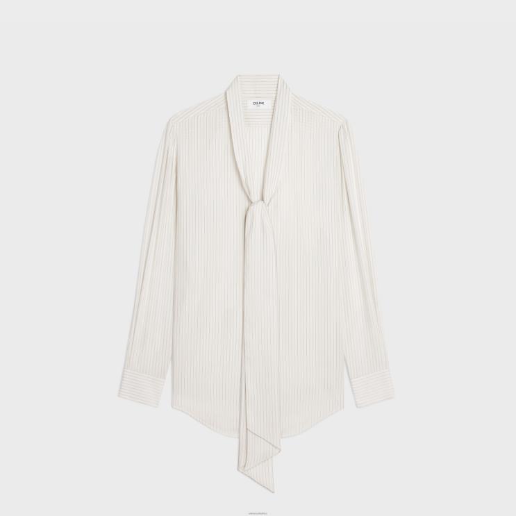 CELINE Craie/Gris Clair Romy Lavalliere Shirt in Striped Silk R0ZNN830